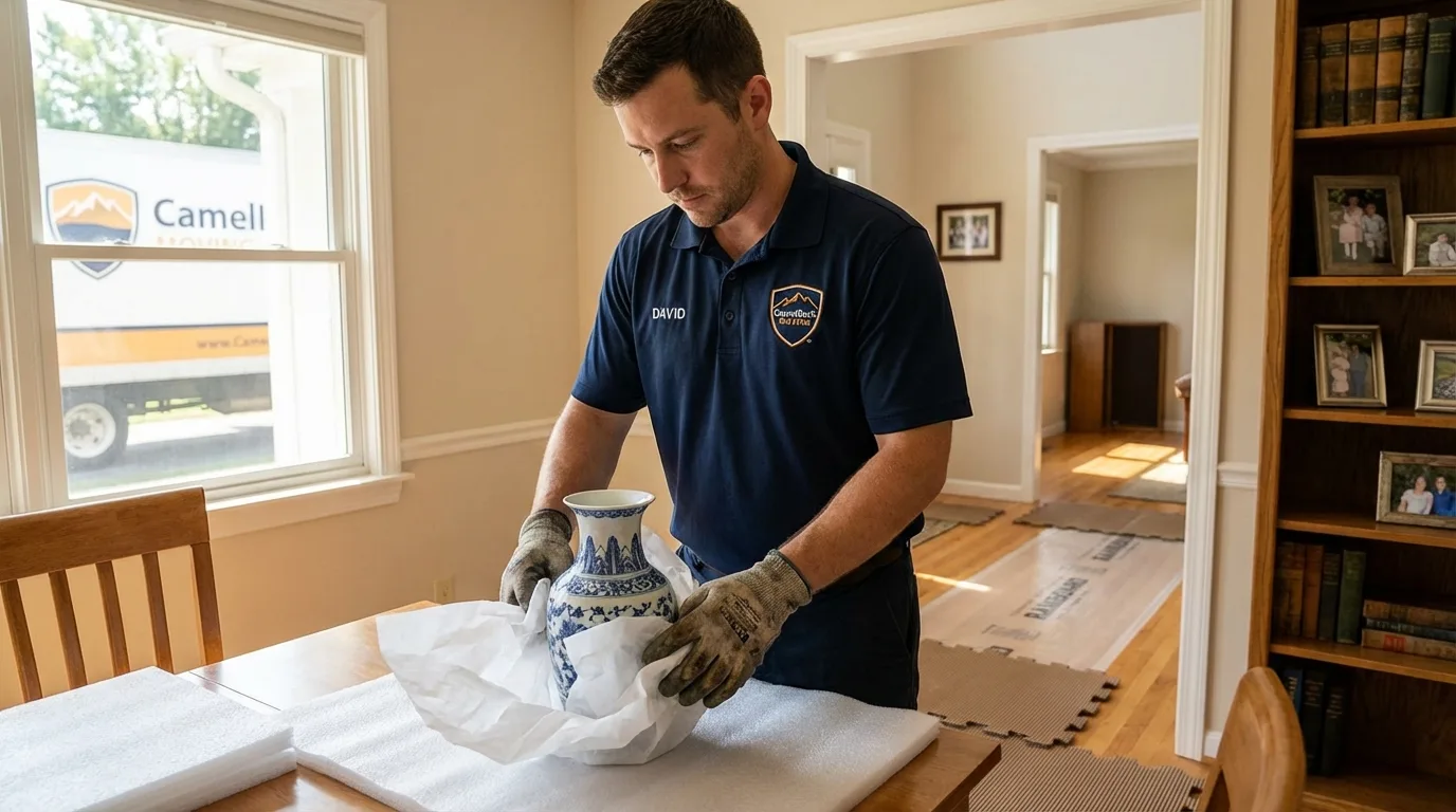 Professional crew carefully wrapping antique vase for senior downsizing move in Duryea, PA